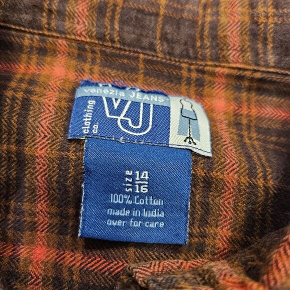 Vtg Venezia Plaid Flannel Shirt Womens 14/16 XL Brown Orange Swiftie Evermore - Picture 6 of 8
